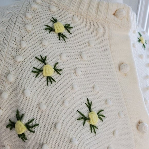 Vintage 60s Ivory‎ Floral Embroidered Popcorn Cardigan Sweater Sz Medium - Picture 4 of 9